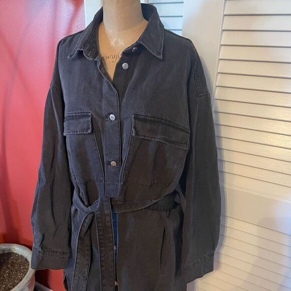 H&M DENIM | black belted denim oversized button down dress L - Picture 2 of 11